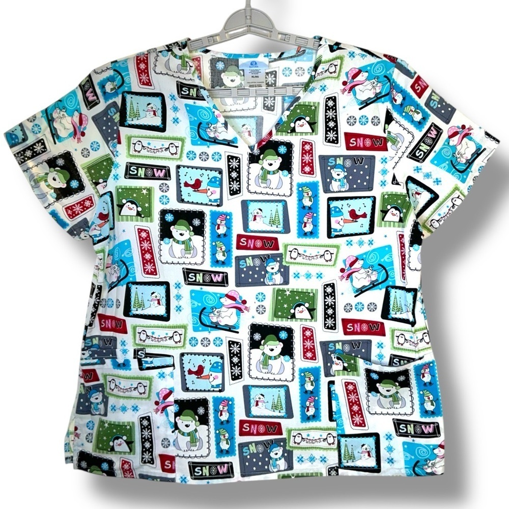 SB Scrub Top Cotton Winter Snow Theme Holiday Short Sleeve V Neck Side Slits XL
